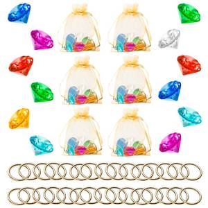 lot 8236 image: PANTIDE 78Pcs Acrylic Diamond Gems Jewels Alloy Gold Round Ring Set the Blue Hedgehog Chaos Emeralds Power Rings Party Favor Supplies Cake Decoration Pirate Treasure Chest Hunt with Bag