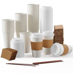 lot 19324 image: JOLLY PARTY 100 Pack 16 oz Paper Coffee Cups, Disposable Paper Coffee Cup with Lids, Sleeves, and Stirrers, HotCold Beverage Drinking Cup for Water, Juice or Tea, Suitable for Home,Shops and Cafes