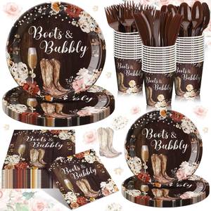 lot 19329 image: Sunnychicc 168 Pcs Boots and Bubbly Bridal Shower Decorations Rustic Brown Plates Western Country Bridal Shower Decorations Golden Champagne Party Favors Boots and Bubbly Tableware Set Serve 24