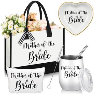 lot 19340 image: FoldTier 4 Pcs Mother of the Bride Tote Bag Makeup Bag Tumbler Ring Tray