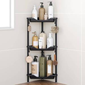 lot 19355 image: Orimade Rustproof 3 Tier Floor Standing Corner Shower Caddy Organizer, Plastic Aluminum Splicing Floor Corner Shelf Rack Stands for Bathroom, Black