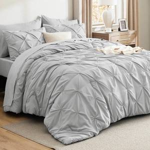 lot 19358 image: Bedsure 7-Piece Queen Comforter Set & Sheet Set, Light Grey Bed in a Bag