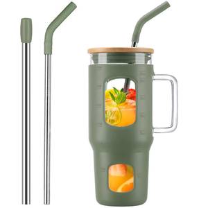 lot 20136 image: WINSA Glass Tumbler with Lid, 32 oz Glass Cup with Handle, Glass Water Bottles with Time Marker, 2 Straws - Pearl Straw & Silicone Protective Sleeve - Olive (ONE STRAW ONLY)