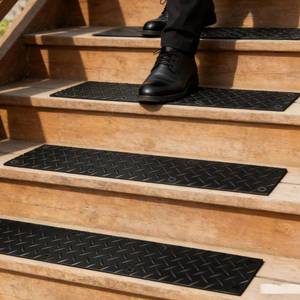 lot 20151 image: 4 Pack Rubber Outdoor Stair Treads for Wooden Steps 30 x 5 Anti-Slip Step Mat Screw Down Waterproof Non Slip Stair Grips Strips for Stairs Garage Patio Dogs Walkways Rainy and Snowy Days