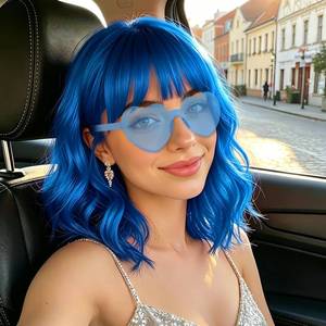 lot 20170 image: MEEZY Royal Blue Wavy Bob Wig with Heart Sunglasses for Women, Colored Shoulder Length Funny Curly Hair Synthetic Wigs Fun Hairpiece with Hair Cap for Cosplay Costume Bachelorette Party