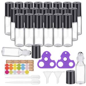 lot 20173 image: Easytle Essential Oil Roller Bottles 24 Pack 5ml Clear Glass Roller Bottles for Oils (96 Pieces Labels, 2 Opener, 4 Funnels, 4 Dropper) Roll on Bottle with Stainless Steel Roller Balls and Caps