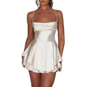 lot 20186 image: LuFeng Womens Elegant Satin A-line Summer Sleevesless Rompers Bandage Back Spaghetti Strape Tiered Mini Dress Jumpsuits (Medium)