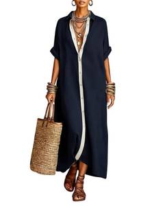 lot 20190 image: chouyatou Womens Contrast Color Button Down Shirt Dress Short Sleeve Cotton Linen Casual Loose Beach Long Maxi Dress (X-Large, Navy)