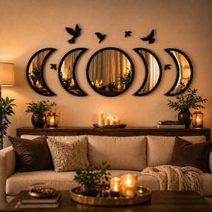 lot 20199 image: NESHE Moon Phase Mirror Wall Decor Set with Birds  Gothic Witchy Boho Wall Mirror Decor  Scandinavian Aesthetic Home Decor for Bedroom Living Room (Black) (4 Moon Pieces Only)
