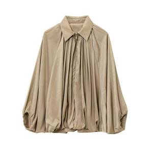 lot 20205 image: FindThy Women��s Puffed Bomber Jacket Trendy Lapel Collar Long Batwing Sleeve Front Zip Oversized Shirts(4152-Khaki-Medium)