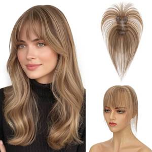 lot 20208 image: Human Hair Toppers for Women,TESS Bangs Hair Toppers for Women Real Human Hair,3D 360°Full Cover Air Bangs 2.84.3Lace Base 1114g #4P27 Medium Brown Mix Dark Blonde