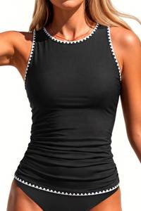 lot 20233 image: Daci Black with White Tankini Tops for Women Tummy Control Swim Top Only XL (Open Box, Used)