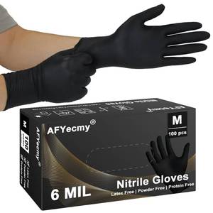 lot 20257 image: AFYecmy Disposable Nitrile Gloves, Chemical Resistant, Powder and Latex Free, Food Safe, Black Heavy Duty Gloves, 6 Mil, 100 Count, Medium