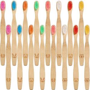 lot 20258 image: Boao 15 Pcs Kids Bamboo Toothbrush Soft Bristle Natural Toothbrush Wooden for Kids with Colorful Bristles and Ergonomic Animal Designs Handles