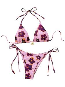 lot 20263 image: MakeMeChic Womens Floral Bikini Set Halter Triangle Tie Side String Thong Swimsuits Pink Small