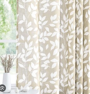 lot 2424 image: Flower pattern tan curtain approximately  82 by 55 in