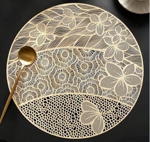 lot 6041 image: Round Placemats Set of 6, 15 Inch Hollow Out Gold Vinyl Place Mats
