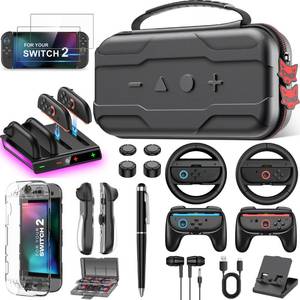 lot 1079 image: AXYBCOOL Switch 2 Accessories Bundle Kit 17-in-1 Compatible with Nintendo Switch 2025, Black Carrying Case with Joypad Charger, Screen Protectors, Steering Wheel, Grip and More Switch 2 Accessories