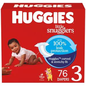 lot 1083 image: Huggies Size 3 Diapers, Little Snugglers Baby Diapers, Size 3 (16-28 lbs), 76 Count, Packaging May Vary