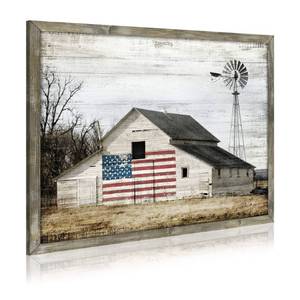 lot 1088 image: Wooden Picture Art Wall Decor Rustic Old Barn Artwork American Flag Painting Grey Windmill Prints Landscape for Farmhouse Home Living Room Decoration