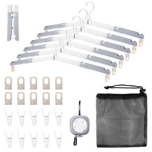 lot 2176 image: A 6 Pack Fodable Travel Hangers with Clips & Adjustable Clothesline, Portable Collapsible Hangers with Storage Bag for Suitcase, Hotel, RV, Cruise Essentials Set (Grey)