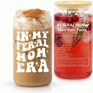 lot 2181 image: TOJIA Mothers Day Gifts for Mom, Wife, Sister �� 16oz Glass Cup with Bamboo Lid & Straw�� In My Feral Mom Era Funny Iced Coffee Tumbler �� Best White Elephant, Stocking Stuffers & Holiday Gift Idea