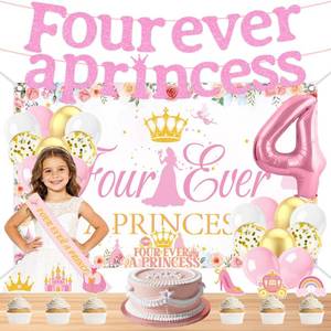 lot 2183 image: Four Ever a Princess Birthday Decorations, Pink Princess Backdrop, 2 Banner, Sash, Number 4 Foil Balloon, 13 Cake Cupcake Toppers Set for 4 Year Old Girls Birthday