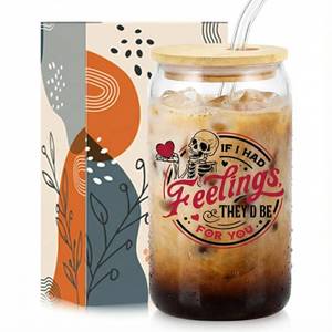 lot 2199 image: TOJIA Funny Mothers Day Gifts from Husband �� If I Had Feelings Skeleton Glass Cup �� Spooky Gag Gifts for Wife, Goth Mom �� Dark Humor Sarcastic Romantic Iced Coffee Tumbler 16oz