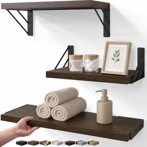 lot 3780 image: BAYKA Floating Shelves for Wall, Book Shelf for Bedroom, Wall Decor Shelves for Living Room Kitchen, Wood Floating Shelf for Home Decor, Corner Shelf for Bathroom, Office(Dark Brown,Set of 3)