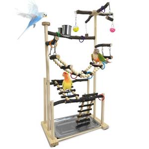 lot 3799 image: kathson Large Bird Playground - Natural Wood Perch Gym 4 Layers Parrot Playstand Activity Center with Perches Ladder Chew Toys Removable Tray and 2 Stainless Steel Cups for Small and Middle Birds