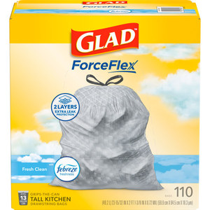 lot 3804 image: Glad ForceFlex Tall Kitchen Drawstring Trash Bags - 13 Gallon Trash Bag  Fresh Clean scent with Febreze Freshness - 110 Count