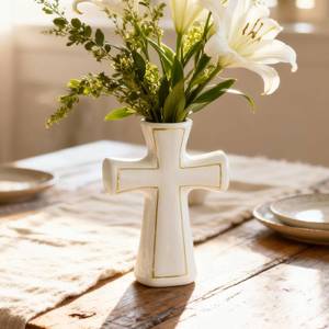 lot 3806 image: White Ceramic Cross Vase - H 8.4 Modern Elegant Flower Vase with Gold Trim, Religious Christian Sympathy Gifts for Home Altar Decor, Wedding, Baptism Decorations, Memorial, Table Centerpiece