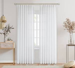 lot 3808 image: Central Park White Pinch Pleated Sheer Curtain Panels Textured Window Treatment Drape Farmhouse Rustic for Living Room Bedroom, 40x95x2