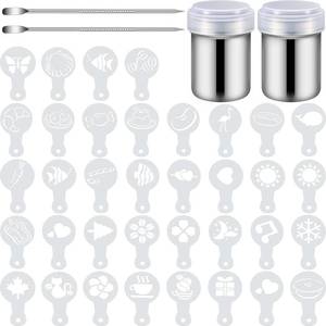 lot 4350 image: 72 Pieces Coffee Decoration Stencils Latte Art Template Coffee Mold Tool with 2 Latte Art Pen 2 Dusting Jars Mesh Powder Shaker for Cake Cookie Decorating Oatmeal Cappuccino Hot Chocolate