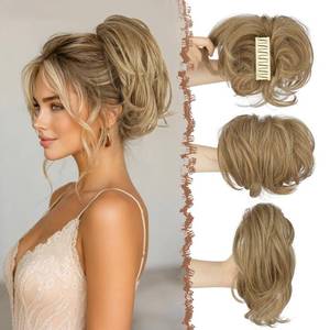 lot 4375 image: FESHFEN Claw Clip Short Ponytail Extensions - DIY Bendable Metals Fluffy Messy Bun Hair Piece Straight Synthetic Hairpieces Ponytail Extension for Women, Light Brown & Mixed Blonde