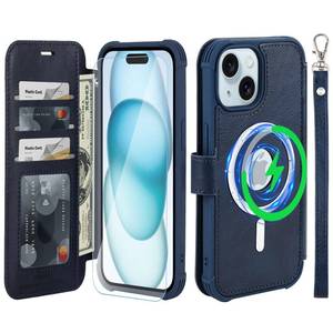lot 4481 image: VANAVAGY Wallet Case for iPhone 15 Plus14 Plus for Magsafe, Navy Blue
