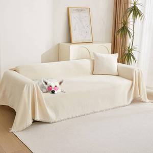 lot 5683 image: MYSKY HOME Couch Cover 3 Cushion Sofa with Tassel, Chenille Sofa Covers Couch Covers, Slipcovers for Sectional l Shaped Dogs Protector Furniture Covers, 91 X150, Beige