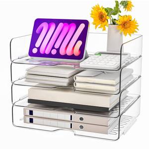 lot 5695 image: Paper Organizer Letter Tray, 4-Pack Acrylic File Organizer, Clear
