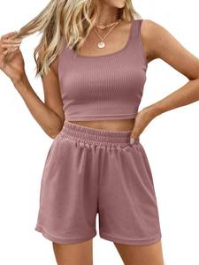 lot 6181 image: Trendy Queen Two Piece Summer Outfits 2 Piece Sets 2026 Sleeveless Matching Lounge Crop Top High Waisted Short M green