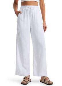 lot 6186 image: Libin Linen Pants Women Wide Leg Summer Casual Beach Palazzo Pants High Waist Cotton Linen Lounge Travel Work Trousers with Pockets, White,X-Large