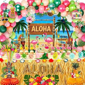 lot 6269 image: SparkTuTu 170PCS Hawaiian Luau Party Decorations, Tropical Beach Aloha Summer Party Supplies, Including Backdrop, Table Skirt, Honeycomb Centerpieces, Hanging Swirls, Balloons Arch, Toppers, Straws