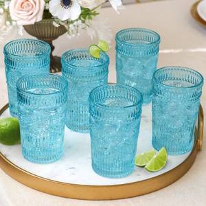 lot 7276 image: Kate Aspen Vintage Textured Aqua Blue Striped Drinking Glasses Set of 6-13 oz Ribbed Glassware with Flower Design  Cocktail Set, Juice Glass, Water Tumbler