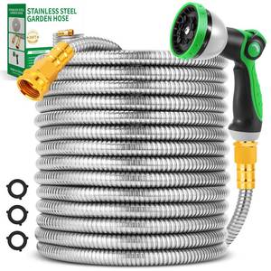 lot 7299 image: Garden Hose 50FT, Stainless Steel Metal Water Hose with 10-Function Nozzle