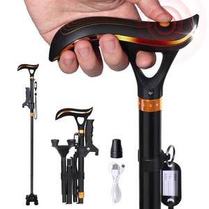 lot 7308 image: Gladwork Smart Folding Walking Cane with LED Light & Alarm for Seniors, Height Adjustable Mobility Aid with Quad Base, USB Rechargeable Cane for Elderly Men Women, Arthritis, Leg Injury, Black