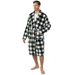 lot 7327 image: PAVILIA Mens Robe  Soft Plaid Robe for Men  Fleece Warm Long Bathrobe for Bath Shower Spa with Shawl Collar and Pockets  Plush Microfiber - Black and White Buffalo Plaid Checkered
