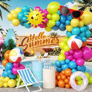 lot 8245 image: Summer Pool Beach Garland Arch Kit, GLIMCHET 127Pcs Tropical Pool Hawaiian Summer Beach Party Decorations with Beach Balls,Watermelon,Sun Foil Balloons