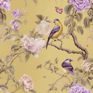 lot 8256 image: VEELIKE Retro Yellow Chinoiserie Bird Wallpaper Peel and Stick Vintage Peonies Floral Wallpaper for Bedroom Living Room 17.7x354 Prepasted Self Adhesive Bird Floral Contact Paper for Cabinets Wall