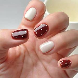 lot 8347 image: Polka Dot Press on Nails Short Square Fake Nails Cute Brown Nails Press ons with Polka Dots Design Fall False Nails Glossy Acrylic Full Cover Stick on Nail for Women Girls DIY Manicure 24Pcs