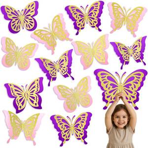 lot 10347 image: AmazingSpark 24 Pcs Large Butterfly Decorations Glitter Giant Butterflies Wall Decor Butterfly 3D Centerpieces Sticker Purple Paper Cutouts for Baby Shower Wedding Spring Birthday Party Girl Room