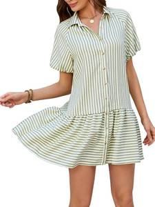 lot 10359 image: aswulk Womens Summer Striped Shirt Dress Short Puff Sleeve Button Down Ruffle Flowy Dress Loose Fit Casual Beach Wear Green M
